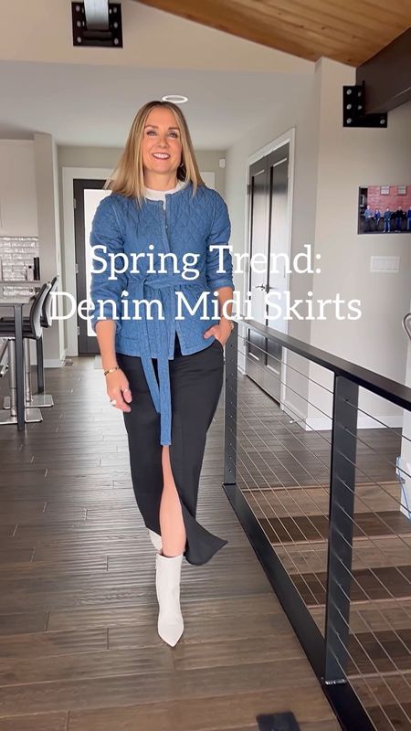 DENIM MIDI SKIRTS anyone??💙 They’re trending and what we love about it is there’s suddenly oodles of options! Midi, maxi, front slit, back slit, no slit at all—choose your favorite flavor and you’re good!👌🏼
•
It’s the ideal spring transition skirt, while also being functional all year long! Denim is the trendy choice, but really, anything goes! I’m wearing a black twill midi here, and Krista has linked her favorite rib knit midi…our one common styling denominator was to create a more voluminous top to avoid a bottom heavy look. Style with elongating shoes like pointy toe, heels, or white sneakers!👟 Shop our looks by following “lastseenwearing” on the @shop.LTK app OR click on link in bio to shop on our lastseenwearing.com website! Links in stories too!🛍️

Spring outfit, casual skirt, spring dress, quilted jacket, striped shirt, white boots, workwear, office outfit 

#LTKunder50 #LTKunder100 #LTKstyletip