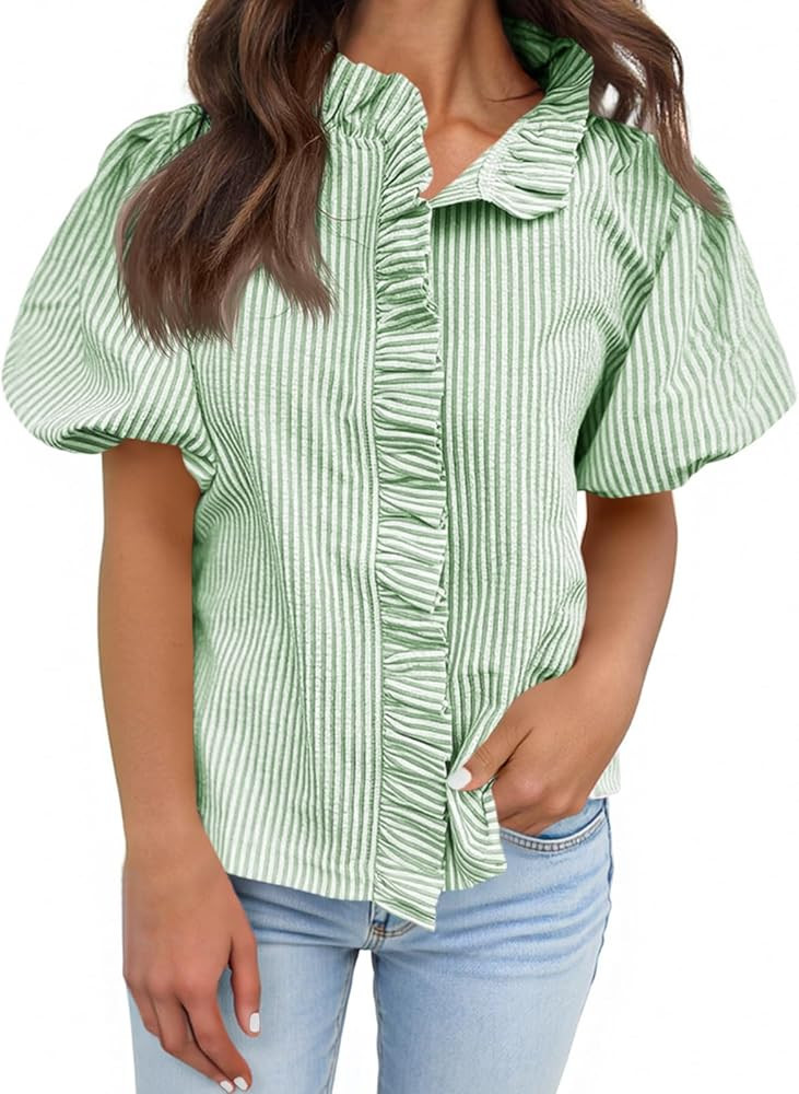 Tankaneo Womens Short Puff Sleeve Button Down Shirts Summer Ruffle Striped Work Tops Stand Collar... | Amazon (US)
