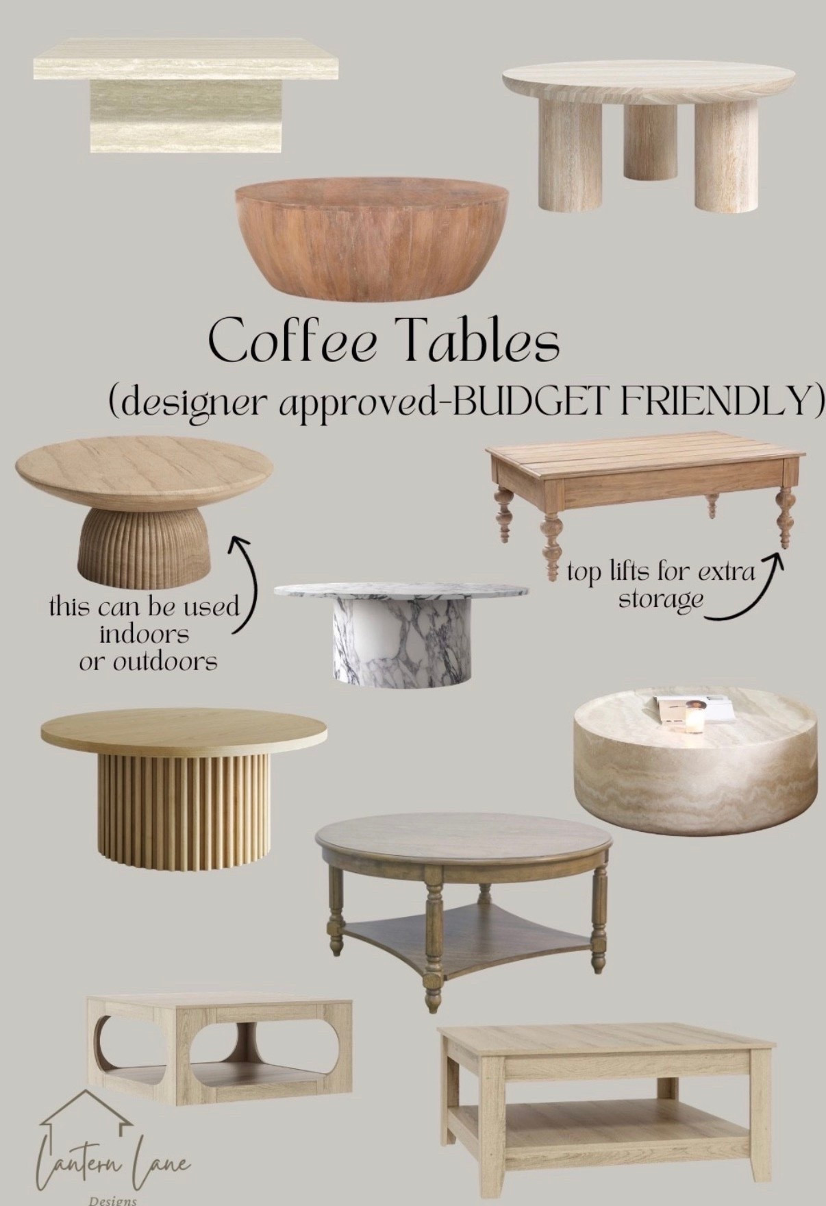 Beautiful and affordable coffee tables. Designer approved coffee tables but essy on the wallet! I have the turned leg coffee table. The top lifts for extra storage.

round coffee table, rectangle coffee table, look for less, pottery barn