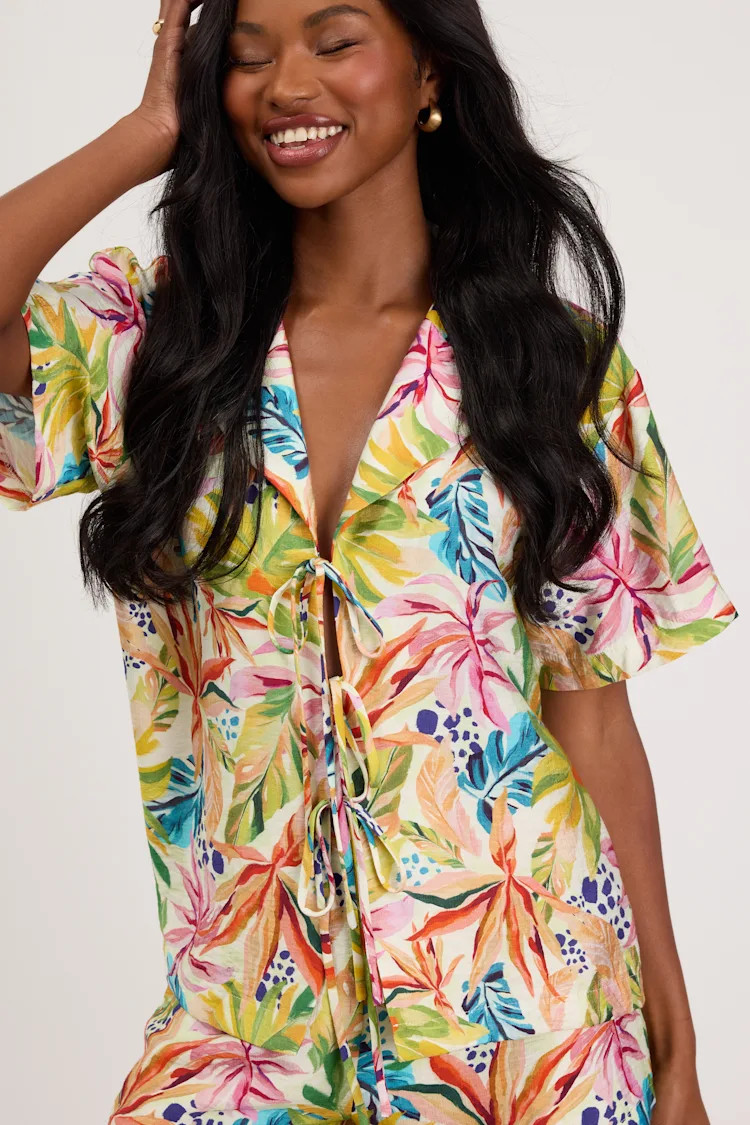 Talise Ivory Multi Tropical Print Tie-Front Collared Top | Lulus