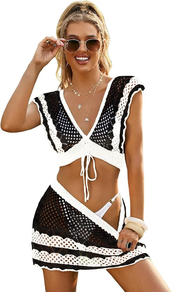 GORGLITTER Women's 2 Piece Crochet Cover Up Set Hollow Out Backless Beach Swim Coverups Swimsuit | Amazon (US)