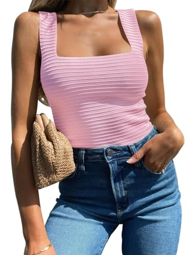 BZB Pink Square Neck Top Ribbed Tank Tops for Women 2025 Square Neck Summer Tops Fitted Tops Sleeveless Shirts | Amazon (US)