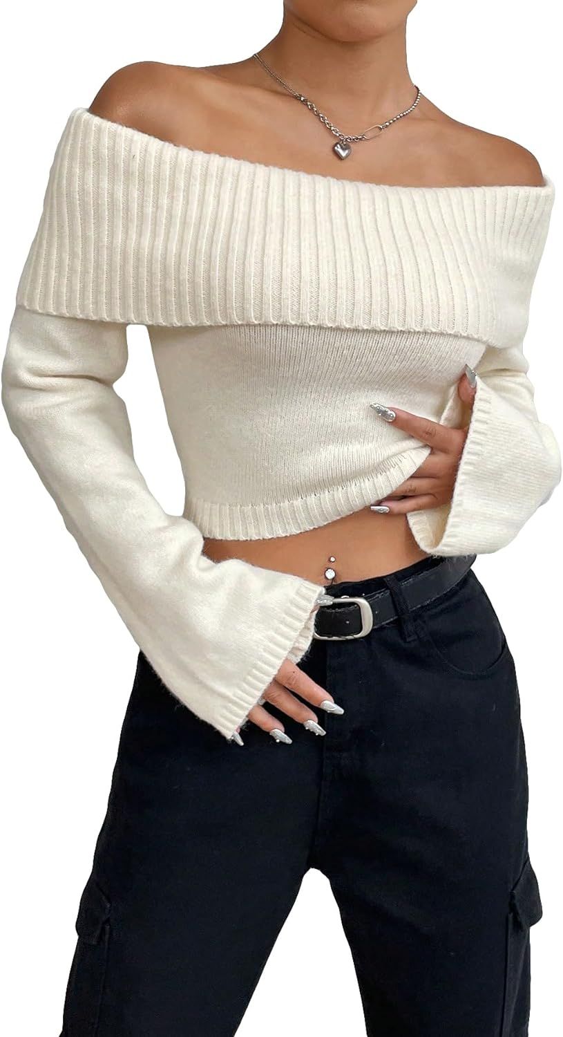 SHENHE Women's Off Shoulder Ribbed Knit Long Sleeve Crop Top Sweater Pullover | Amazon (US)