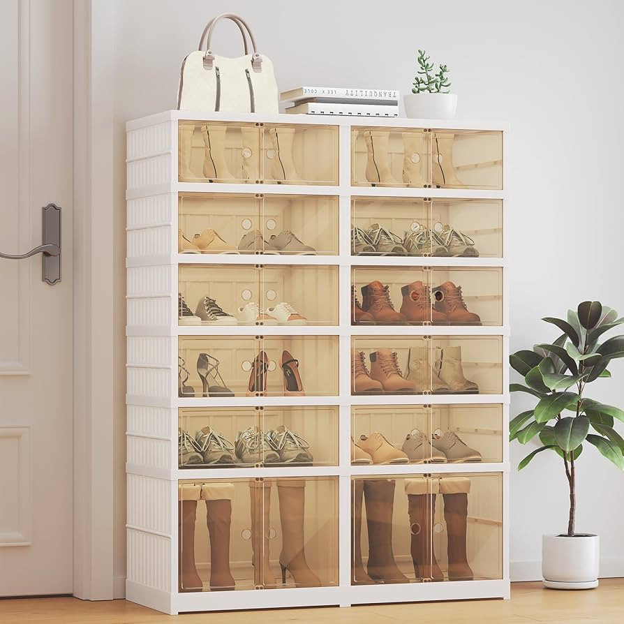 6-Tier Folding Shoe Rack Organizer for Closet, 24 Pairs Plastic Collapsible Shoe Storage Cabinet ... | Amazon (US)