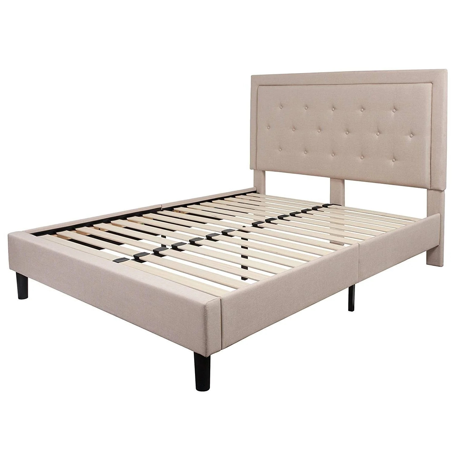 Queen Beige Upholstered Platform Bed Frame with Button Tufted Headboard | Shop Simon