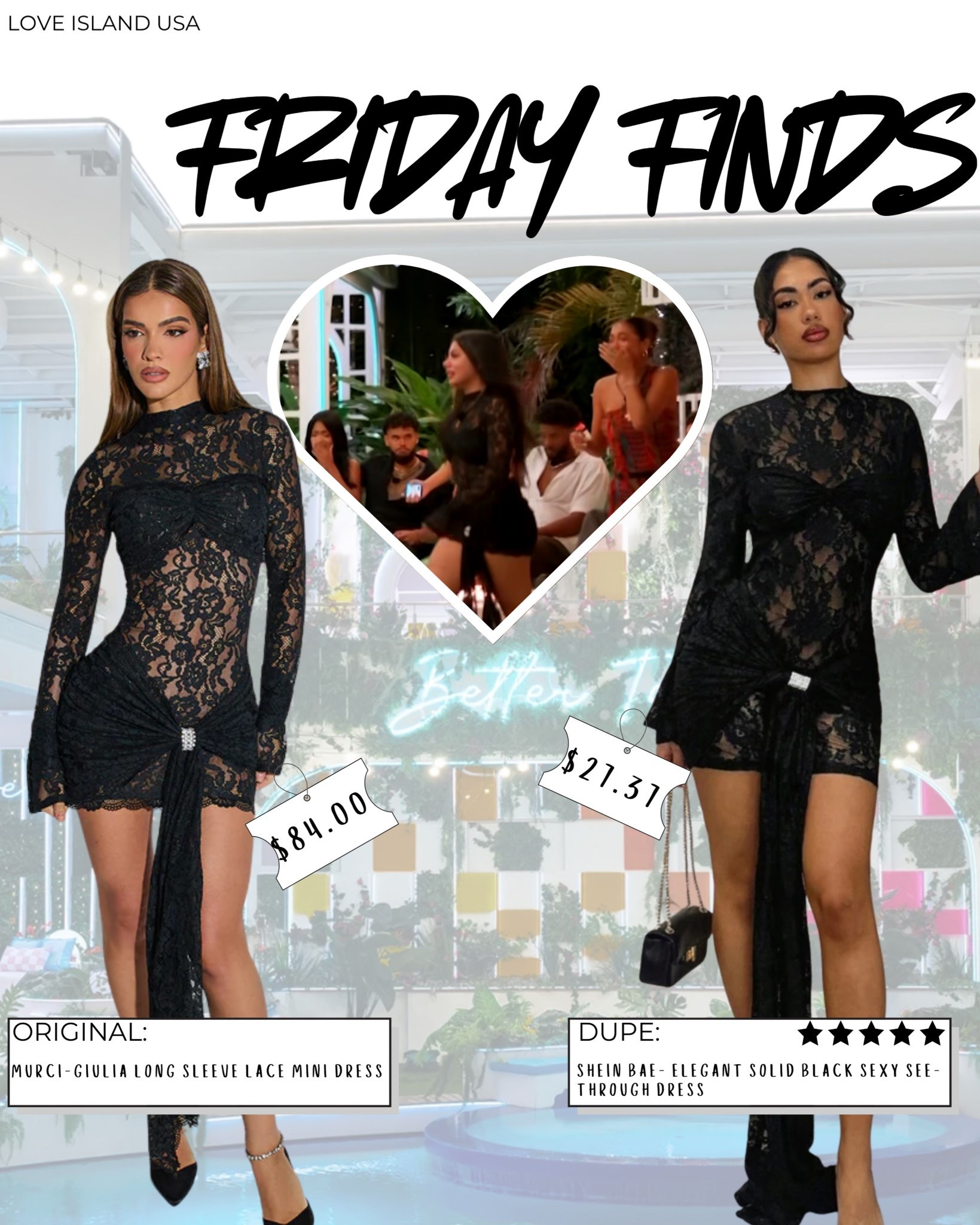 Huda Mustafa just wore this STUNNING lace mini on Love Island USA… and I found the perfect dupe for less than half the price 🖤

She rocked the original Murci Giulia Long Sleeve Lace Mini Dress ($84), but I tracked down this SHEIN BAE version for only $27.31 — and it has a 4.3-star rating 🤯

✨ Same sultry see-through lace
✨ Dramatic draped detail with rhinestone brooch
✨ The perfect bombshell vibe for a night out or vacay moment

Let’s be real, this dupe is definitely the way to go — especially if you’re not trying to drop $$$ to get the Love Island look 👏

🛒 Both versions are linked right here so you can compare + shop! Tap to grab yours 💋

#FridayFinds #LTKDupe #LoveIslandUSA #HudaMustafa #MurciDressDupe #SHEINDupe #BlackLaceDress #GoingOutLooks #DateNightOutfit #LTKStyle #AffordableFashion #SeeThroughDress #LaceMini #BombshellLooks #LTKFinds #LTKUnder50 #VacationOutfits #LoveIslandStyle #SheinFinds

#LTKParties #LTKStyleTip #LTKFindsUnder50