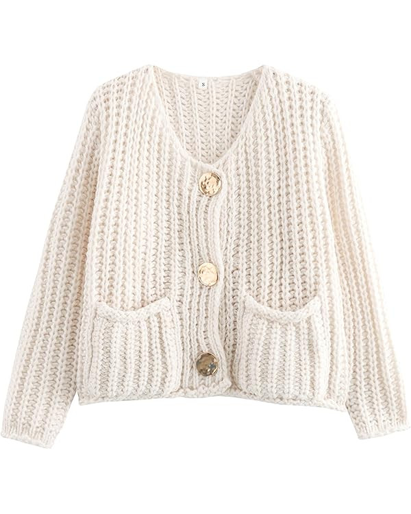 Zhiyouni Women's Cropped Cardigan Sweater Long Sleeves Button Down Chunky Knitted Coat | Amazon (US)