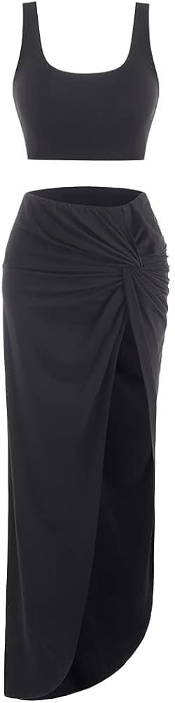 ZAFUL Women's Casual Sleeveless Summer Two Piece Outfits Crop Top and Side Split Draped Ruched Ma... | Amazon (US)