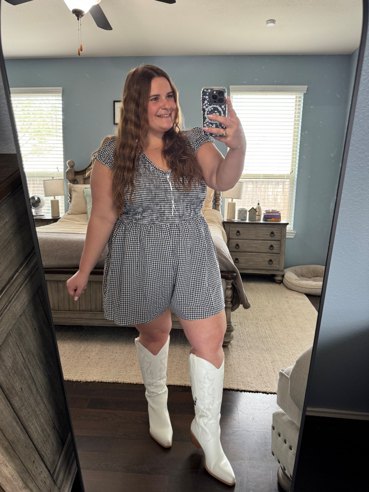 I’m a size 16 and I’m wearing an XL in the gingham romper. Paired with wide calf friendly cowgirl boots! Perfect for Nashville or a country concert! 

#LTKMidsize #LTKootd #LTKPlusSize