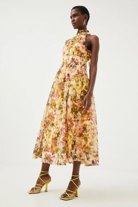 Floral Organdie Shirred Halterneck Midi Dress | Karen Millen UK & IE