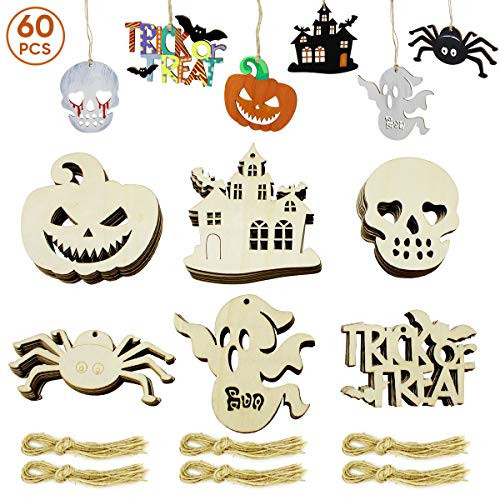 Hidreas 60Pcs Halloween Crafts Unfinished Wooden Ornaments DIY Wood Cutouts Kit With 60 Pcs Twine Ropes for Kids | Amazon (US)