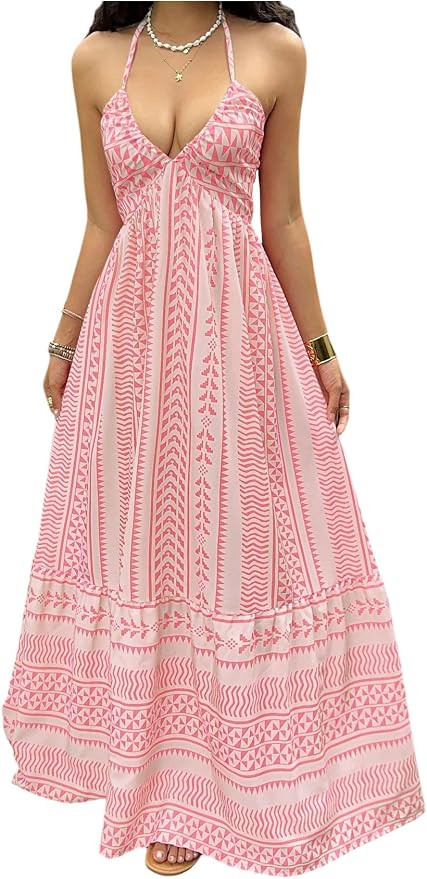 OYOANGLE Women's Summer Boho Maxi Dress Printed Flowy Halter Dress Sleeveless Tie Backless Beach ... | Amazon (US)