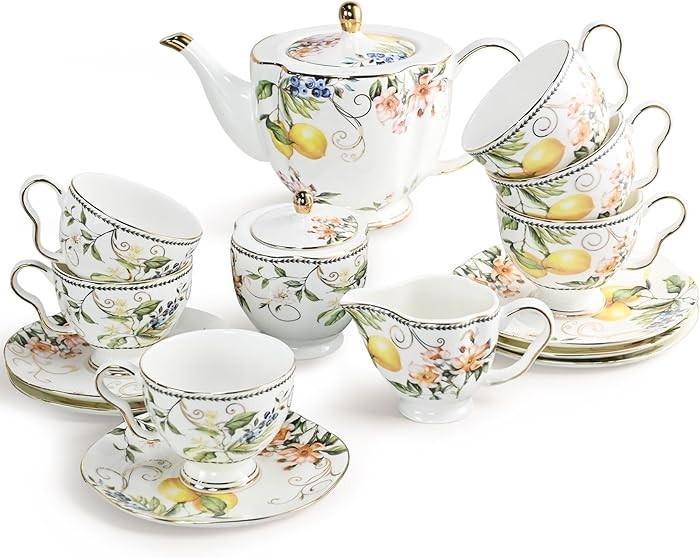 Bone China Tea Set for 6, Lemon Porcelain Tea Set for Adults 15-Piece Vintage Tea Party Set for W... | Amazon (US)
