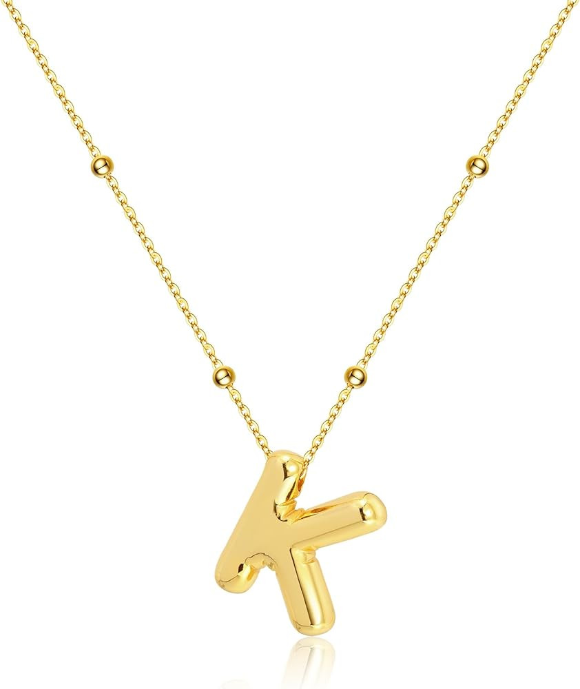 Gold Initial Bubble 3D Letter Necklace for Women with Beaded Satellite Chain Charm Simple Jewelry... | Amazon (US)