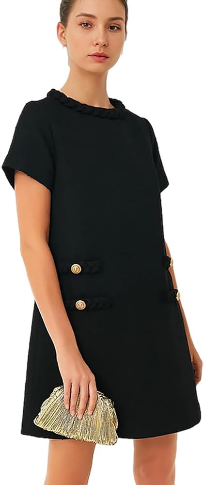 Yioaga Womens Tweed Jackie Dress Elegant Crew Neck Short Sleeve Button Bodycon Mini Dress | Amazon (US)