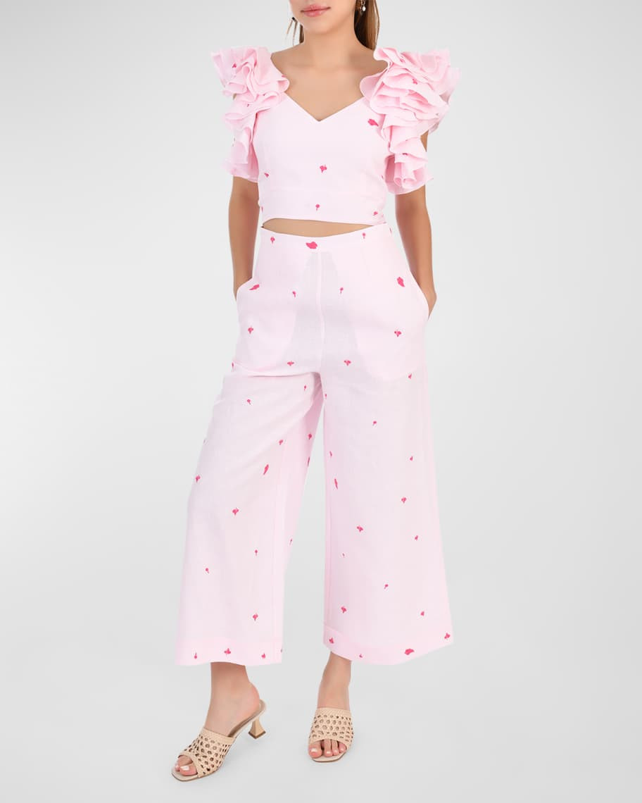 FANM MON Anais Frill Tie-Back Linen Crop Top | Neiman Marcus