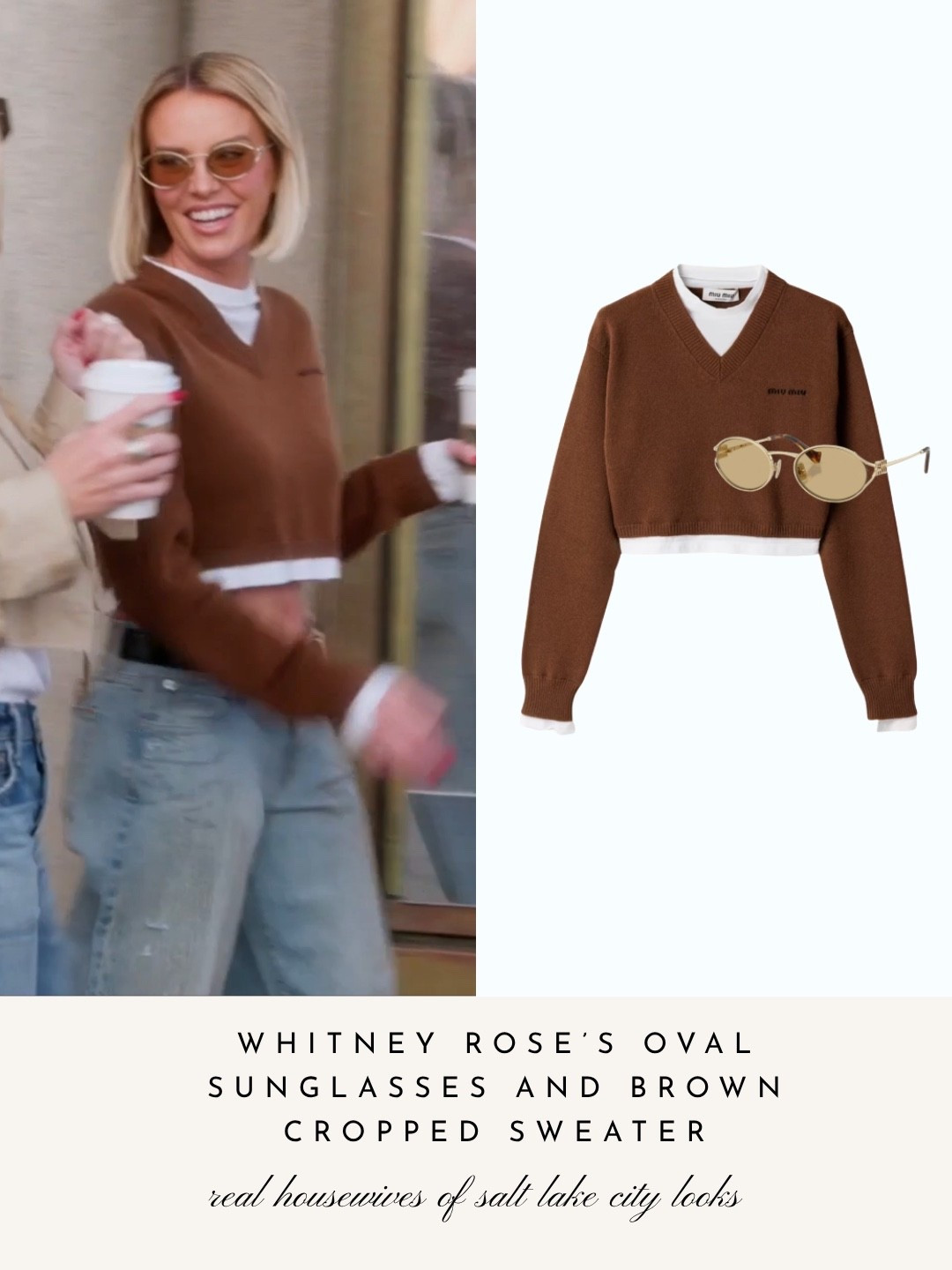 Whitney Rose’s Oval Sunglasses and Brown Cropped Sweater