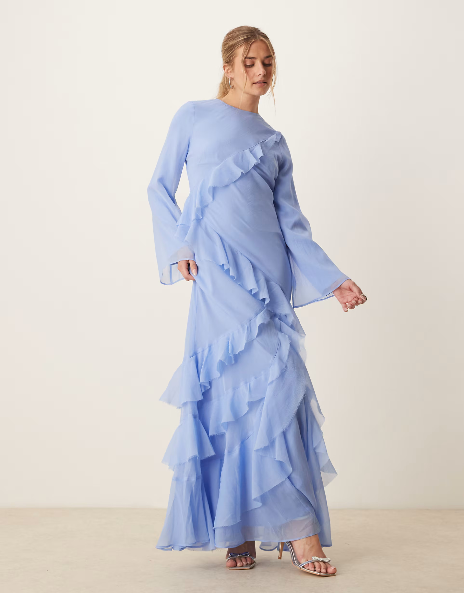 ASOS DESIGN fluted long sleeve extreme ruffle maxi dress in blue | ASOS (Global)
