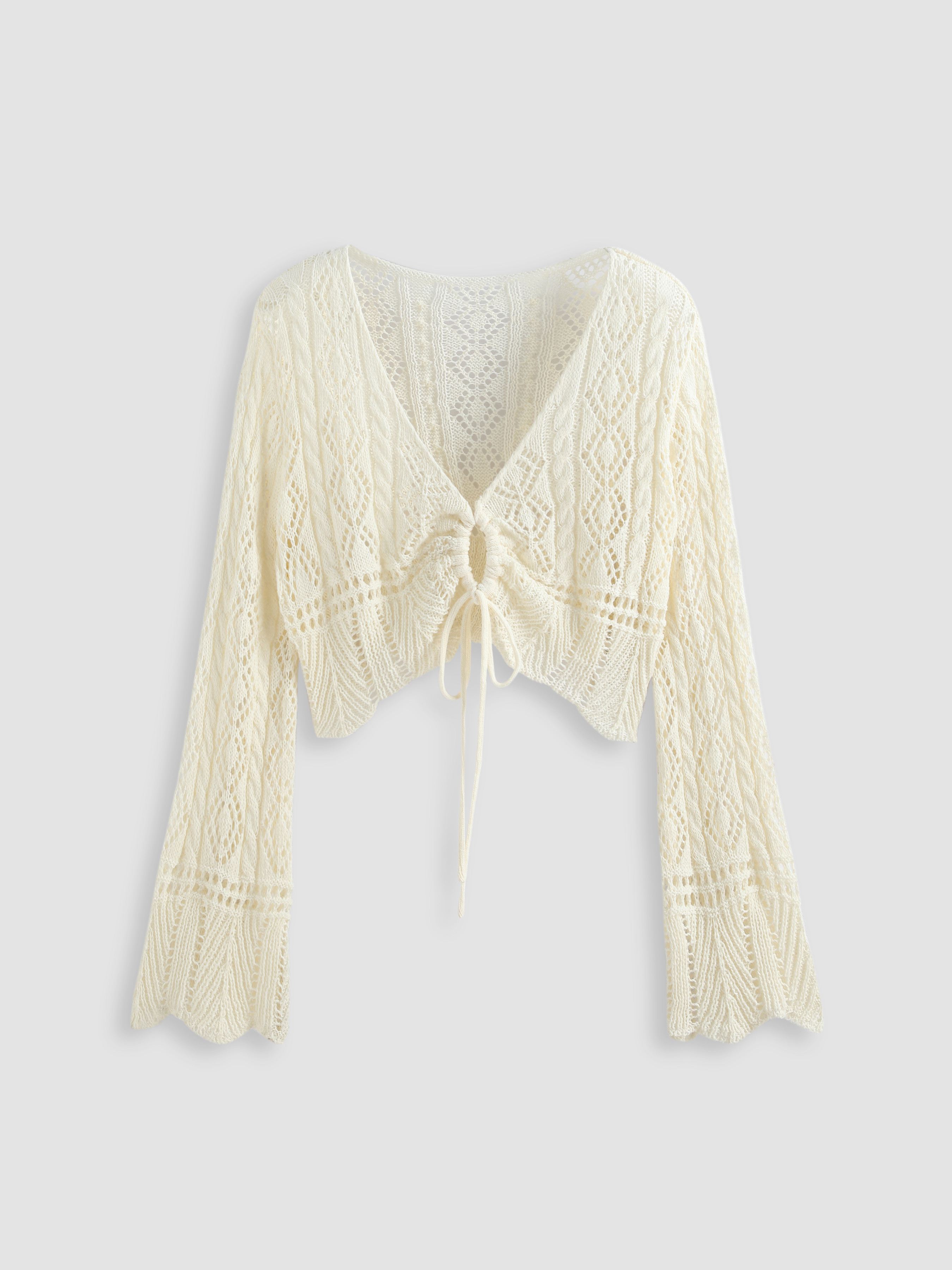 Fall Sweater Knit Fabric Solid Crochet Tie Front Deep V Neck Crop Top Curve & Plus For Daily Casu... | Cider