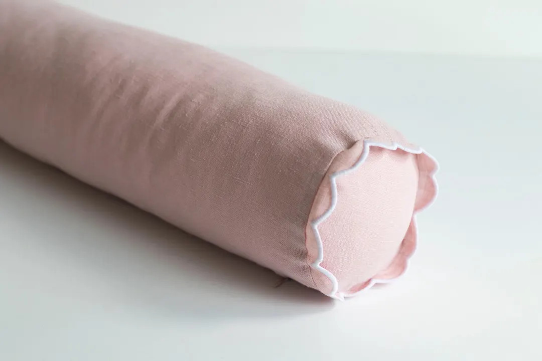 Blush Pink Linen Bolster Pillow Cover With White Scalloped Edges & Hidden Zipper Available in Mul... | Etsy (US)