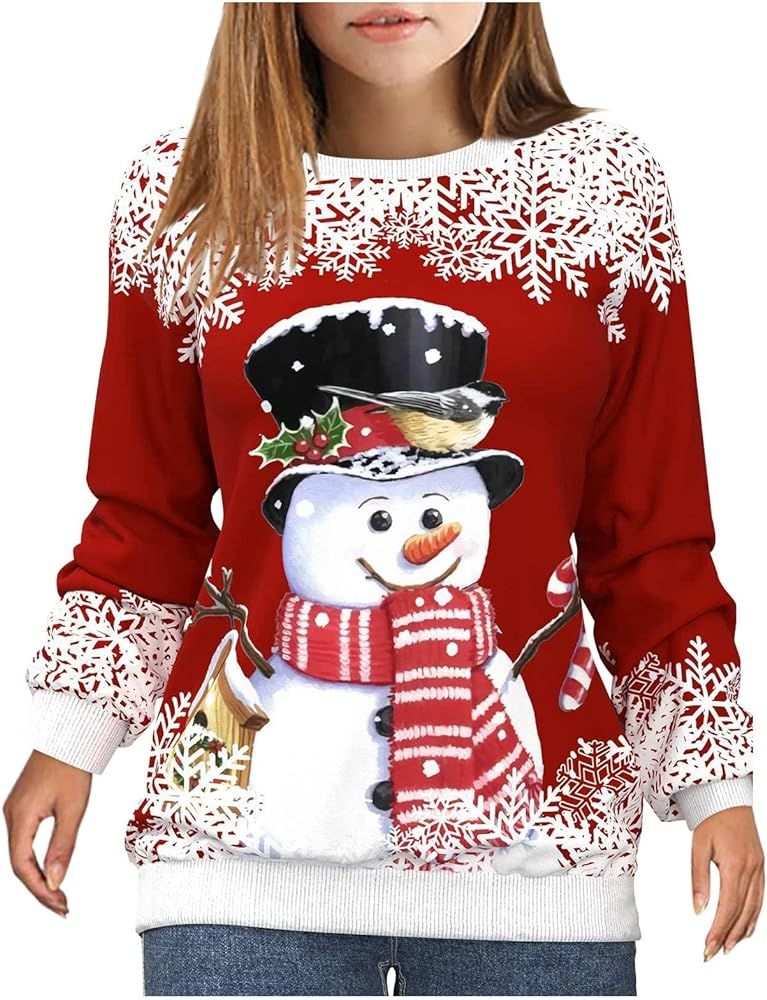 Ugly Christmas Sweater for Women,Casual Oversized Cute Elk Snowman Print Long Sleeeve Crewneck Sw... | Amazon (US)