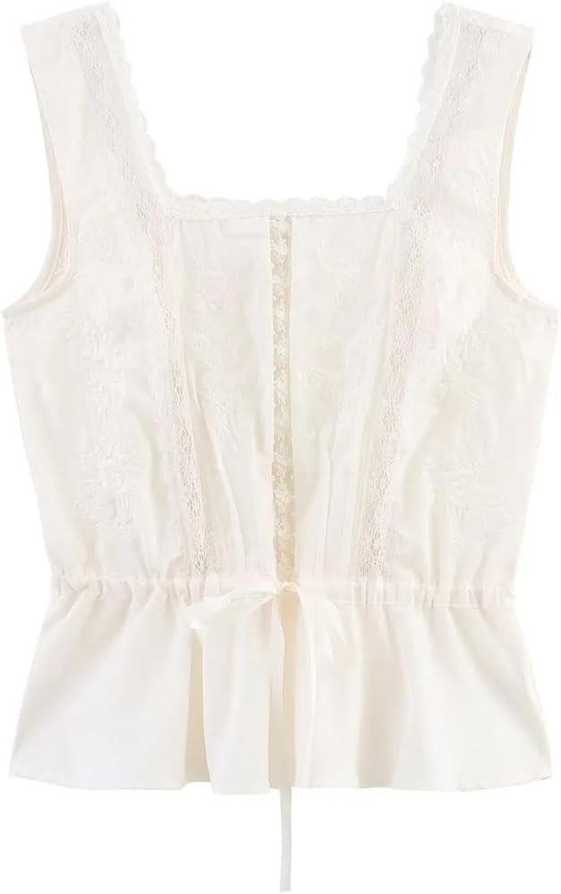 efvandoloe Women Sleeveless Lace Spliced Tank Top Summer Fashion Drawstring Bandage Slim Tops | Amazon (US)