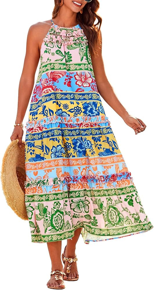 GRACE KARIN Women's Maxi Boho Dress Casual Summer Loose Long Floral Sundresses Flowy Halter Tiere... | Amazon (US)
