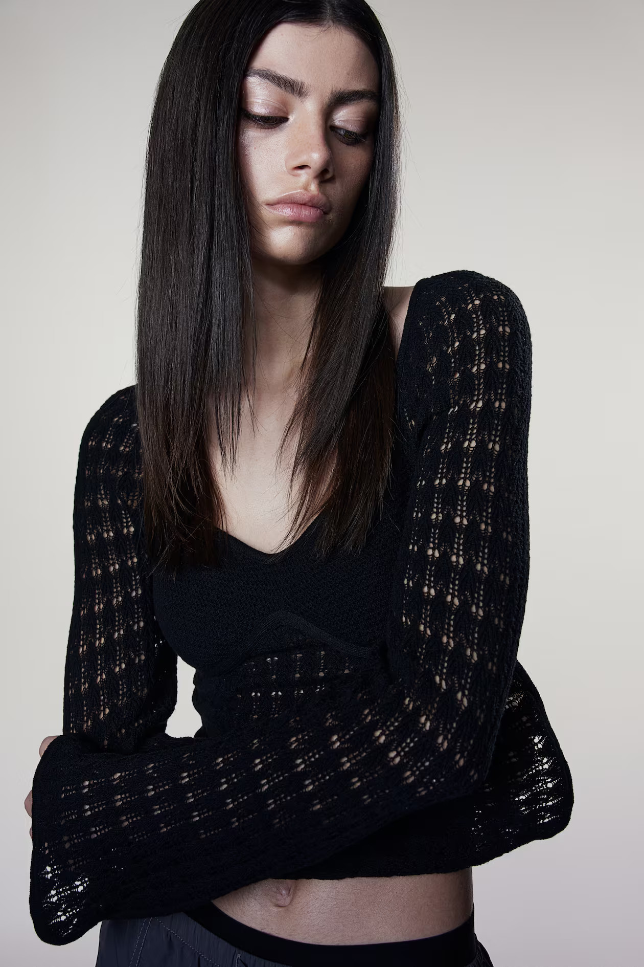 Pointelle-knit corset-style top - Sweetheart neckline - Extra long sleeve - Black - Ladies | H&M ... | H&M (UK, MY, IN, SG, PH, TW, HK)