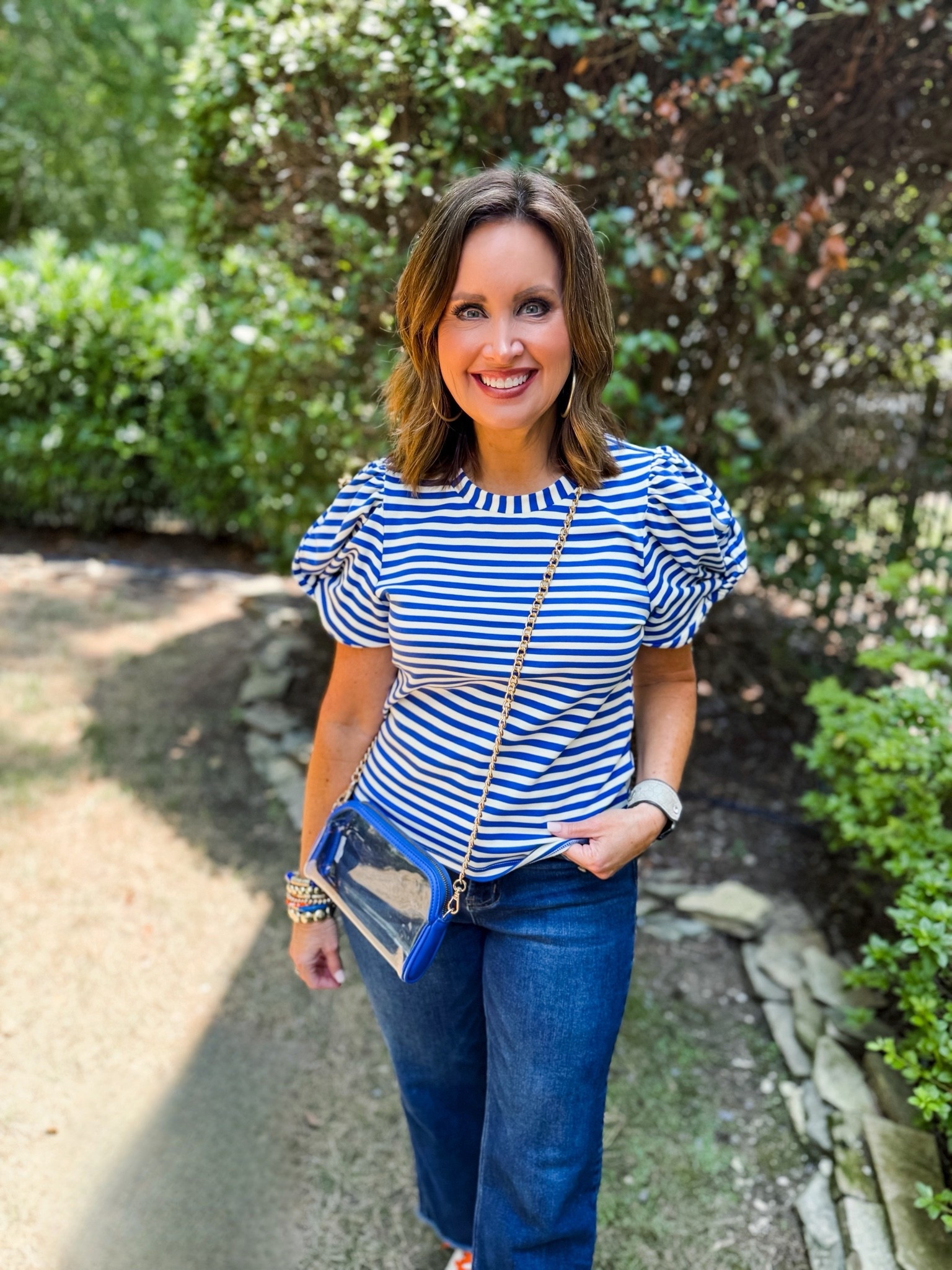 Blue and white striped tee 
Clear stadium bag 
Game day outfit

#LTKootd #LTKOver40 #LTKU