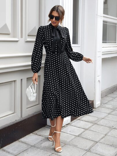 Polka Dot Tie Neck Lantern Sleeve Dress | SHEIN