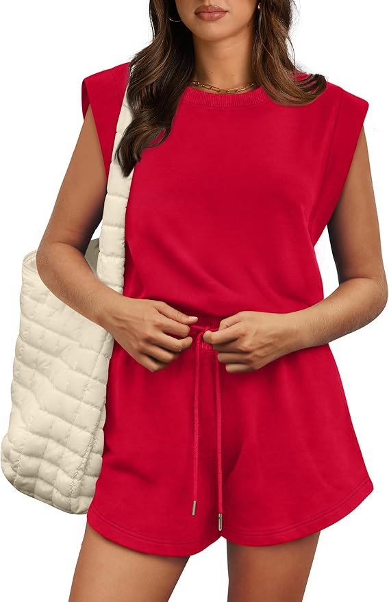 OFEEFAN Rompers for Women Summer Cap Sleeve Adjustable Drawstring Waistband Crewneck Casual Outfi... | Amazon (US)