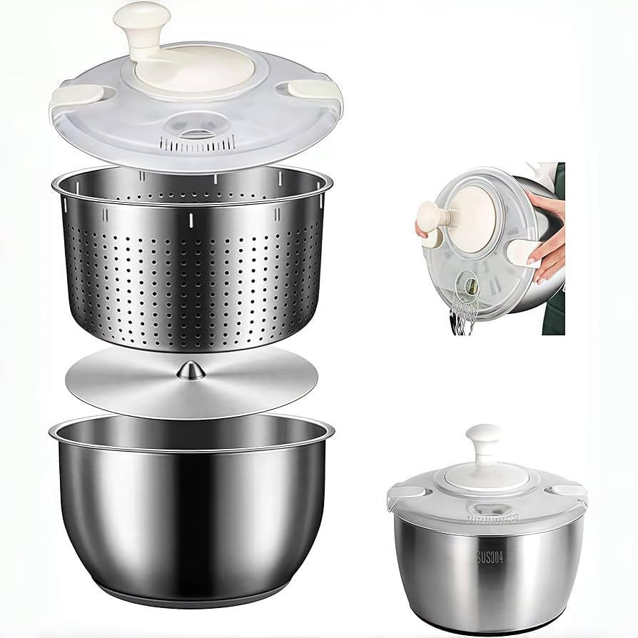6L Stainless Steel Salad Spinner, Vegetable Spinner, Lettuce Spinner, Fruit Washer, Quick Spin Co... | Amazon (US)
