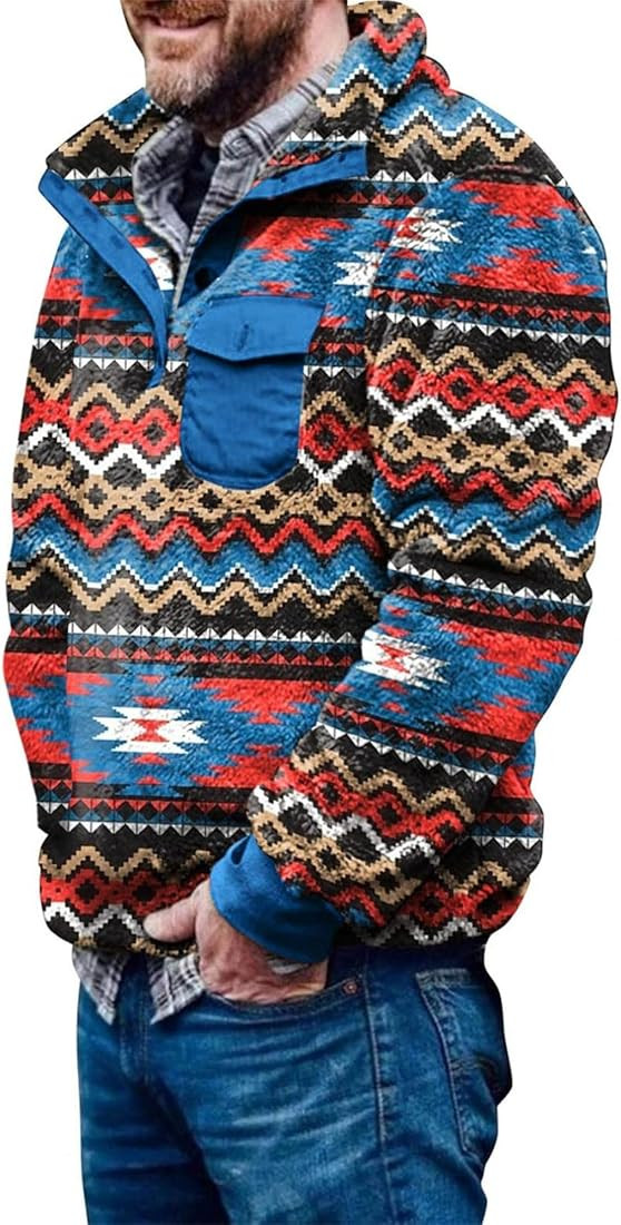 Mens Aztec Fleece Jackets Fuzzy Sherpa Sweatshirts Button Down Pullover Coats Western Vintage Swe... | Amazon (US)