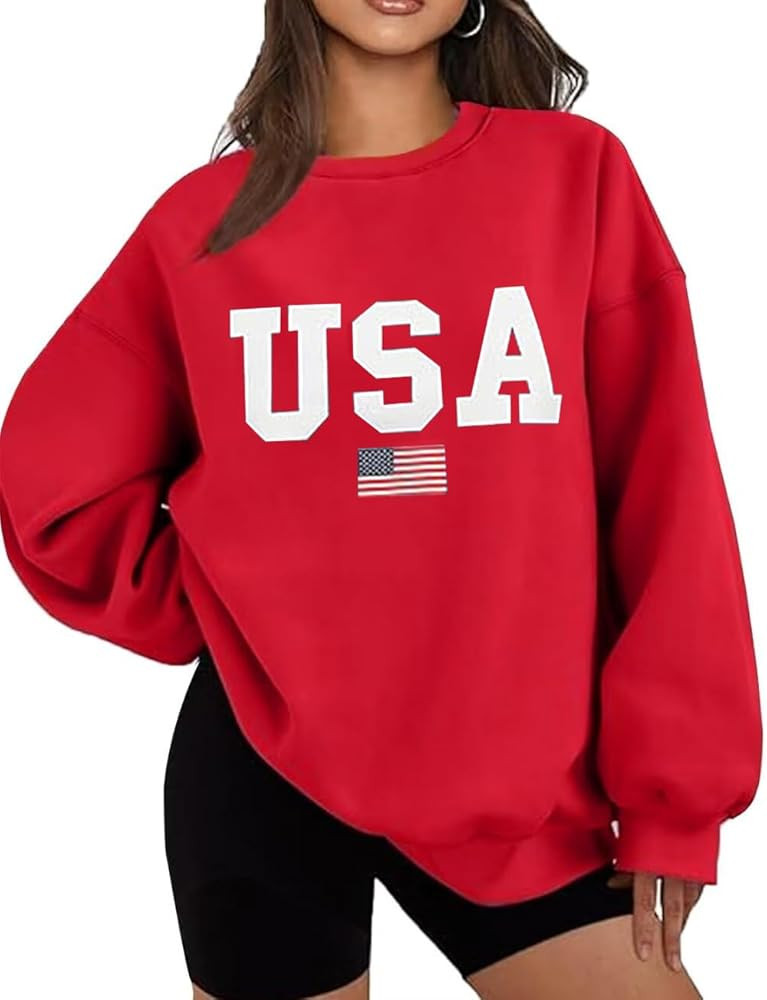 Lacozy Womens USA Graphic Sweatshirts American flag Crewneck Long Sleeve Sweater Loose Fleece Top... | Amazon (US)