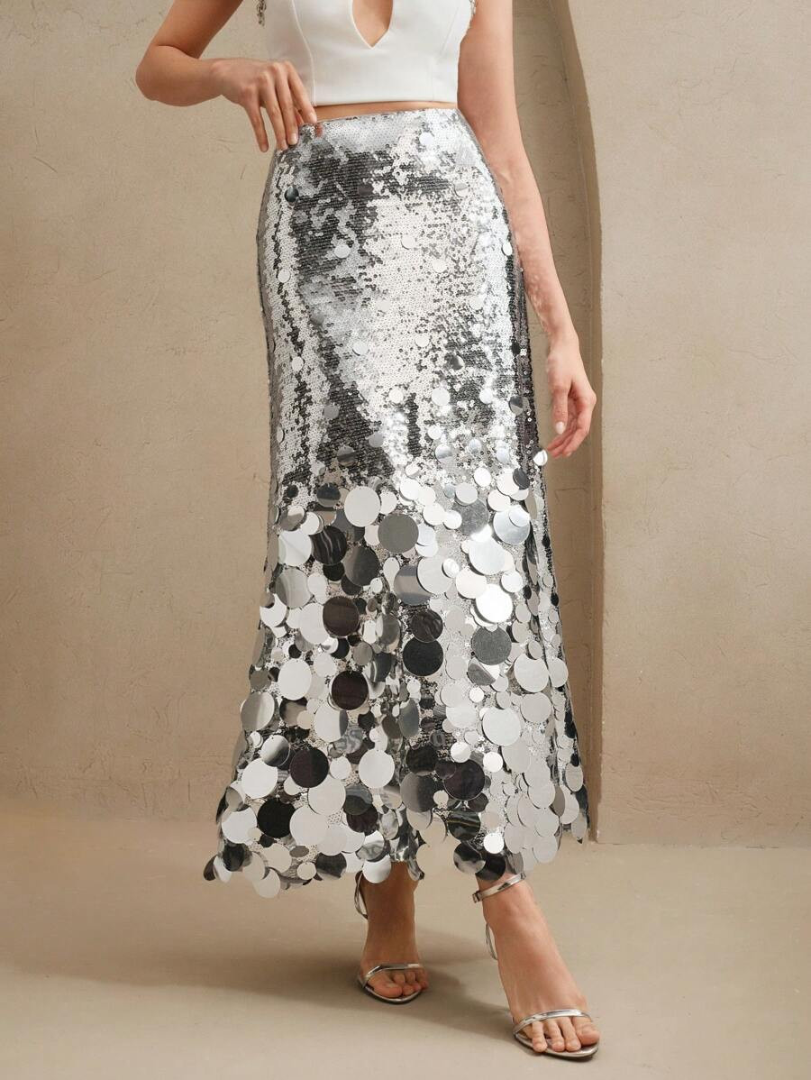 Anewsta Women's Silver Sequin Long Fashion Summer Bodycon Fishtail Skirt | SHEIN