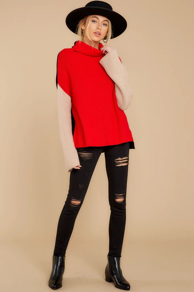 Set The Tone Red And Black Cowl Neck Sweater | Red Dress 