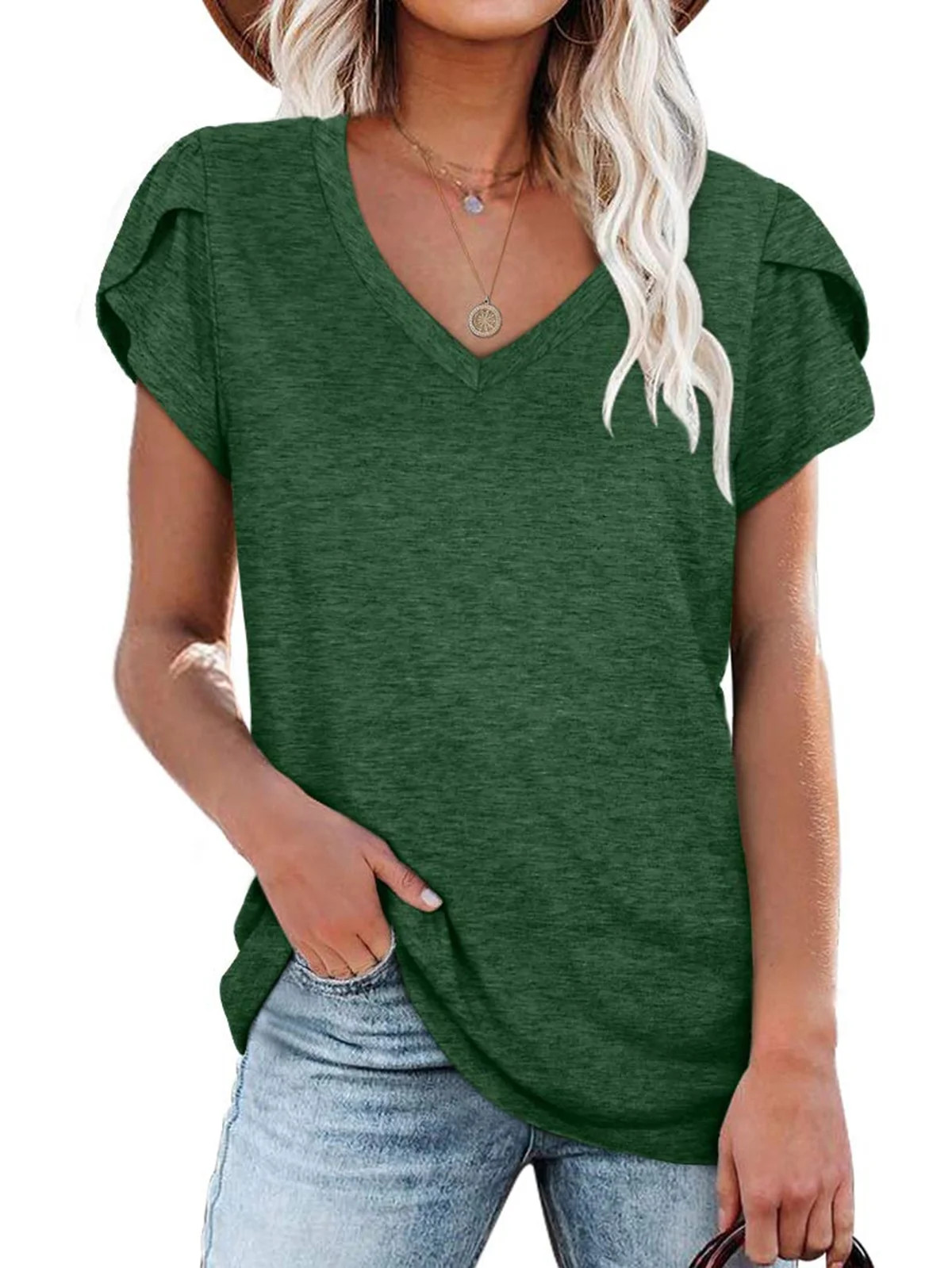 MOSHU V-Neck T-shirts for Women Petal Sleeve Tunic Tops Summer Casual Womens Shirts | Walmart (US)