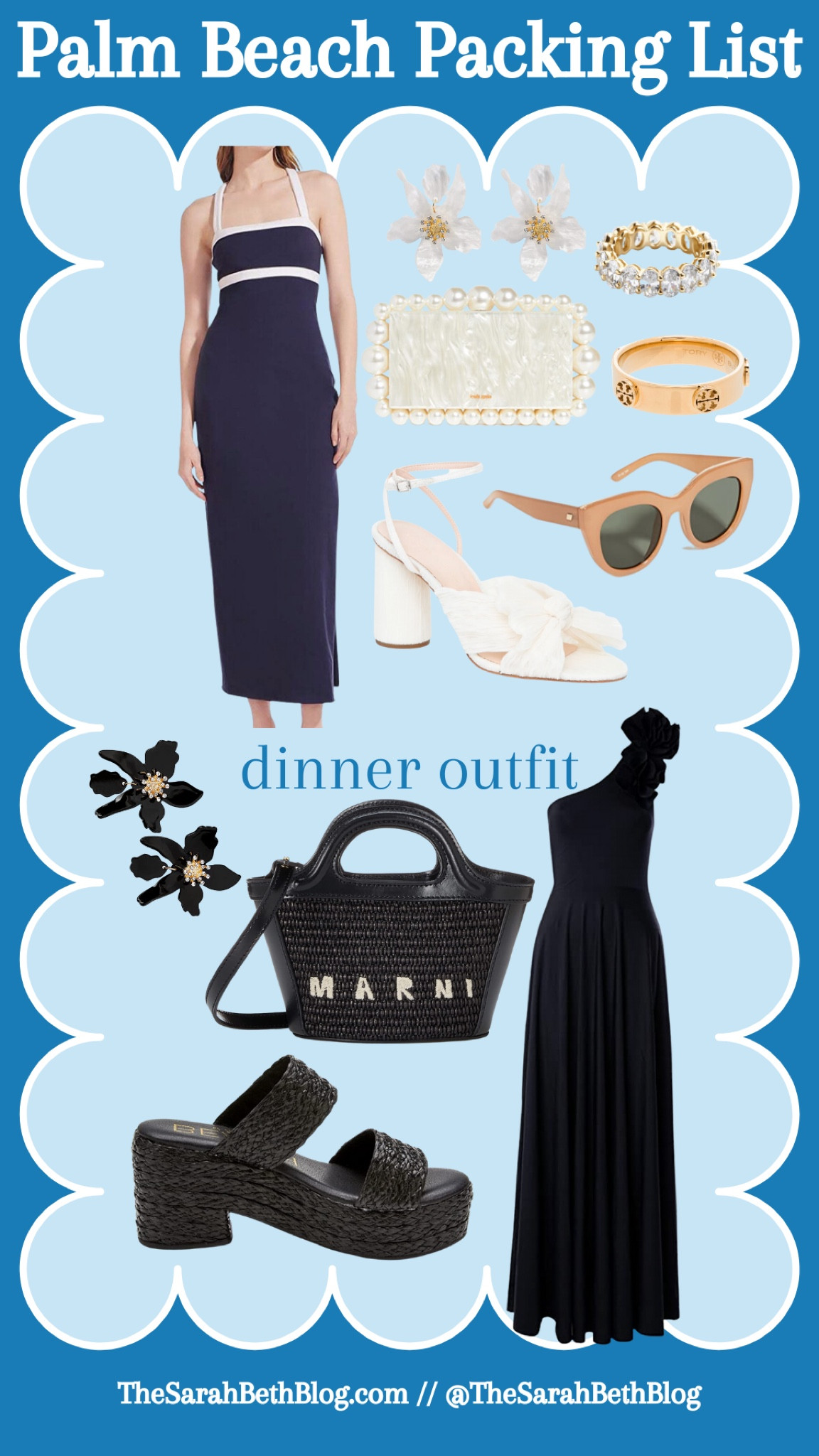 Palm Beach packing list staud dress cult Gaia pearl bag lay specs sunglasses Loeffler Randall, Bo heels Mattel coroner dress, marni rattan black tote
