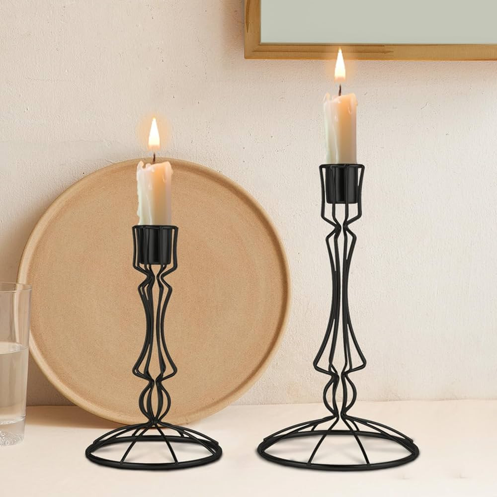Taper Candle Holders,Black Metal Candlestick Holder Set of 2,Modern Wires Stand Fits 3/4 inch Can... | Amazon (US)