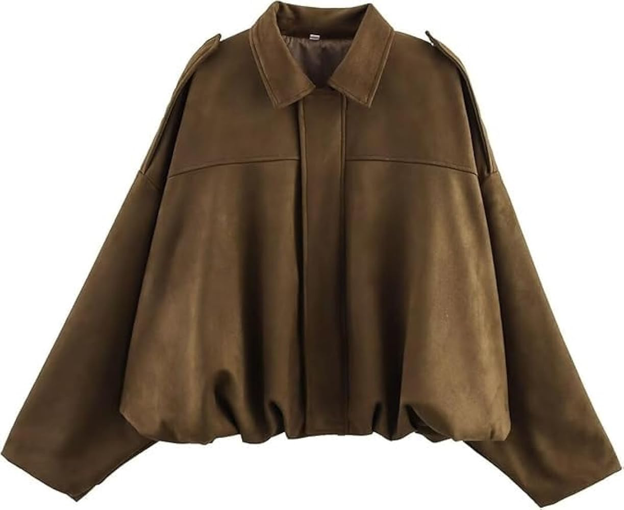 Women's Faux Suede Bomber Jacket Casual Lapel Pilot Cropped Coat Oversized Long Sleeves Trendy St... | Amazon (US)