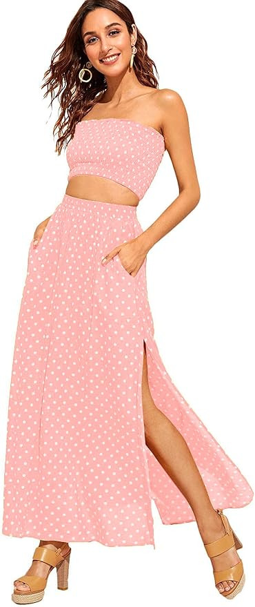 Floerns Women's Summer Printed 2 Piece Outfit Crop Tube Tops and Split Long Skirt Set | Amazon (US)
