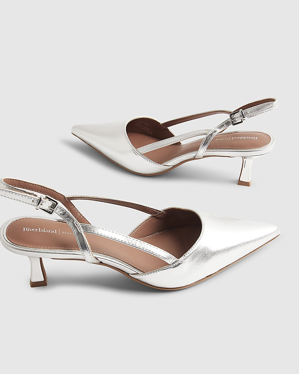 Silver Slingback Low Court Heels | River Island UK & IE