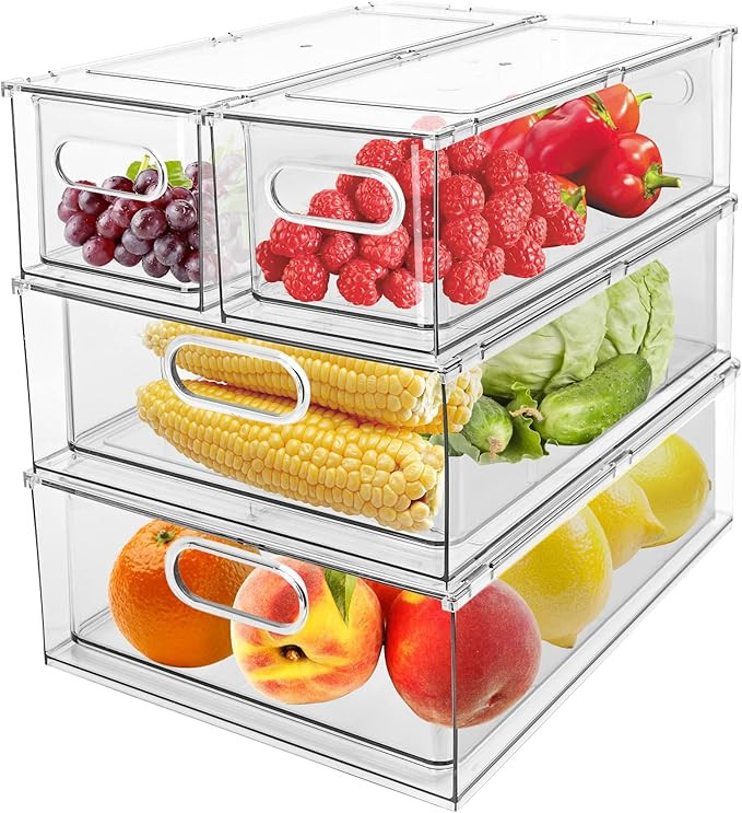 4 Pack Refrigerator Organizer Bins with Pull-out Drawer Stackable Clear Fridge Drawer Organizer F... | Amazon (US)