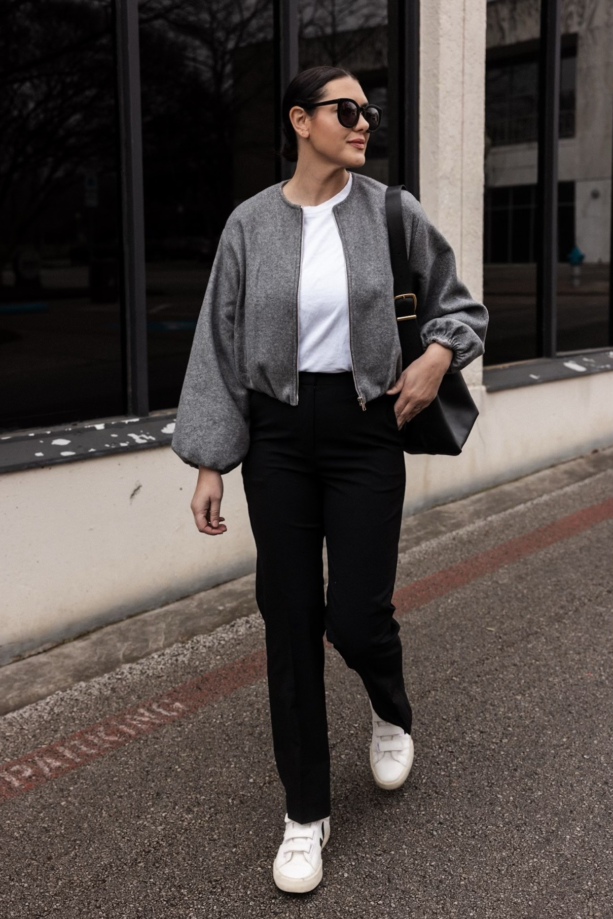 This lovely bomber from Zara is under $100 and is a perfect jacket for this almost fall we are having. I am in the medium, it runs TTS. 

My quince trousers are TTS as well! I'm in the 8 here.  

 