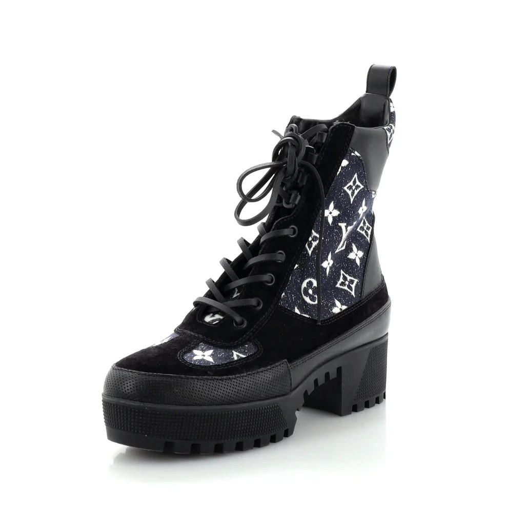 Women's Laureate Platform Desert Boots Monogram Denim with Leather and Suede | Rebag