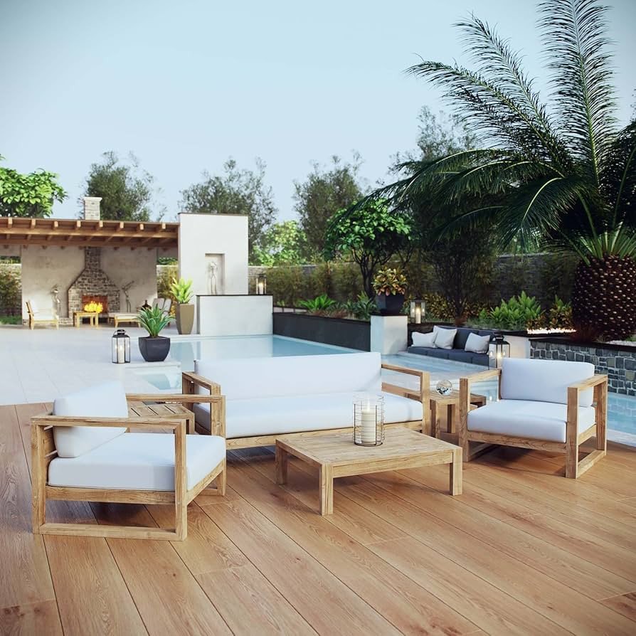 Modway Upland Teak Wood Outdoor Patio 6-Piece Sectional Sofa Set with Cushions in Natural White | Amazon (US)