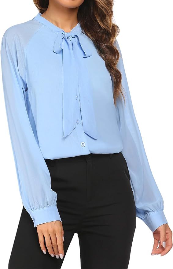 ACEVOG Women Bow Tie Neck Blouses Casual Tops Long Sleeve Button Shirts XS-XXL | Amazon (US)