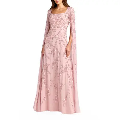 Mac Duggal Beaded Georgette Square Neck Cape Sleeve Gown in Rose at Nordstrom, Size 8 | Nordstrom