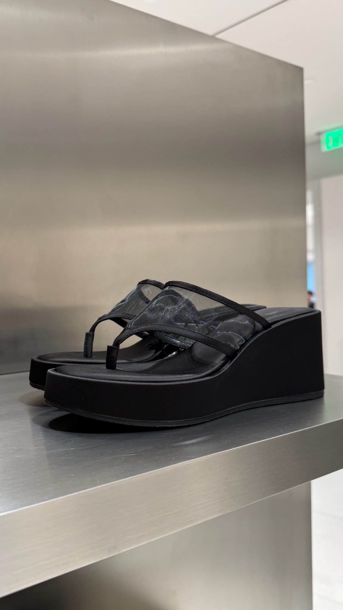 Black mesh flip flop wedges! 