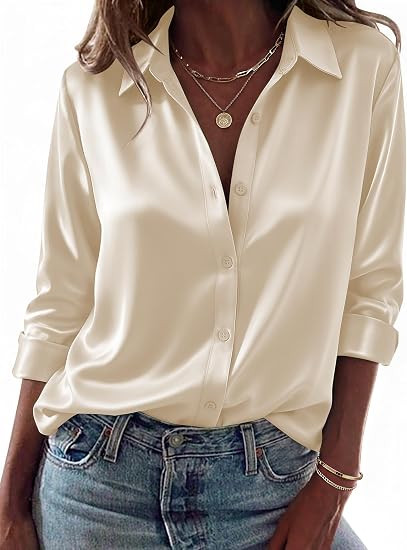 Zeagoo Womens Tops Long Sleeve Satin Silk Button Down Shirts Dressy Blouses | Amazon (US)